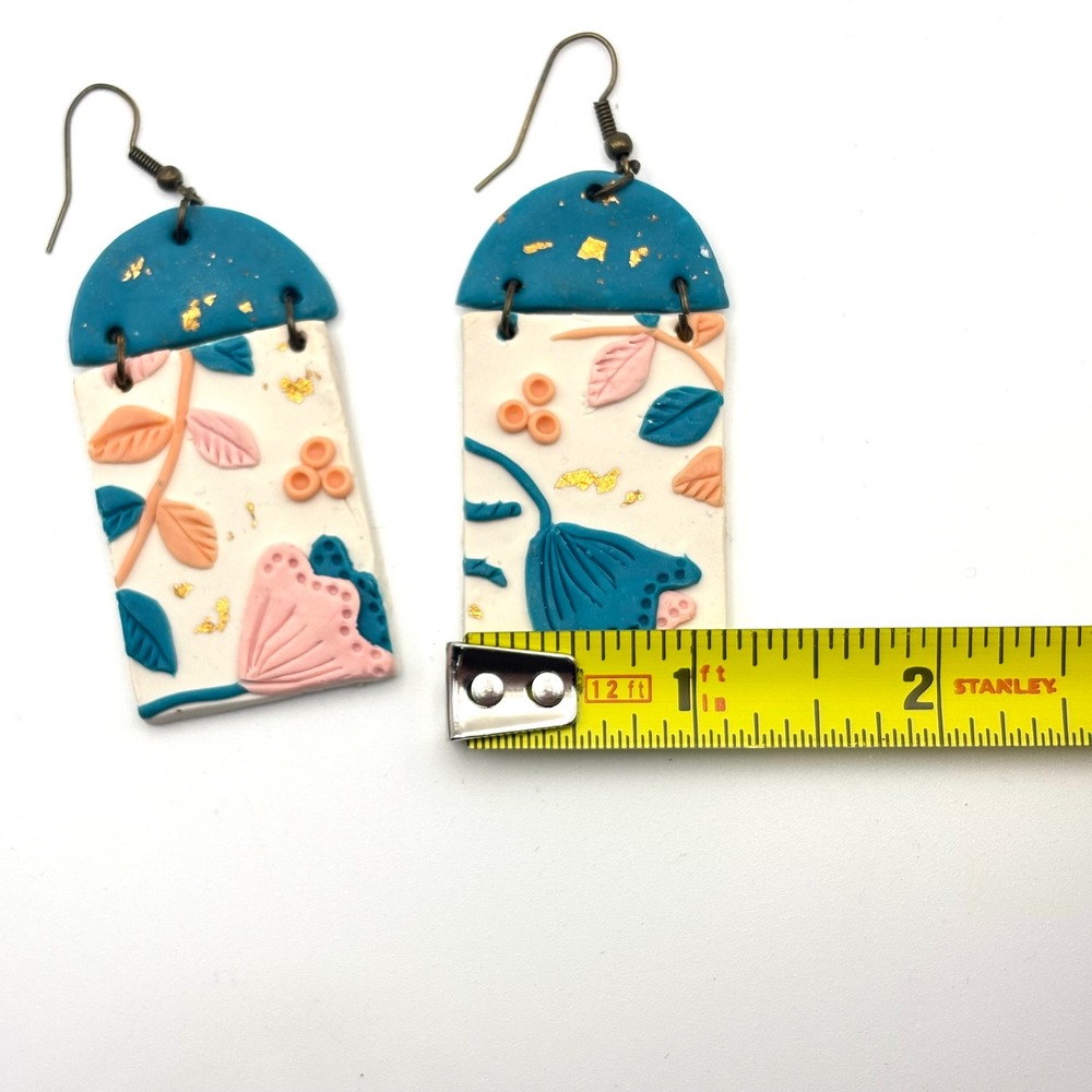Handmade‎ Polymer Clay Peach Teal Floral Gold Flecks Rectangular Dangle Earrings - Picture 4 of 5